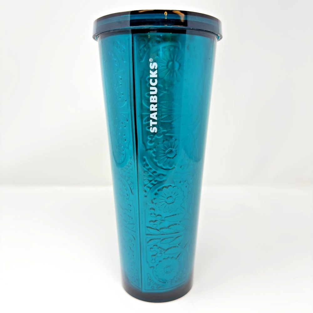 Starbucks Rare Teal Floral Embossed Cold Cup 24oz Reusable Tumbler 2021
